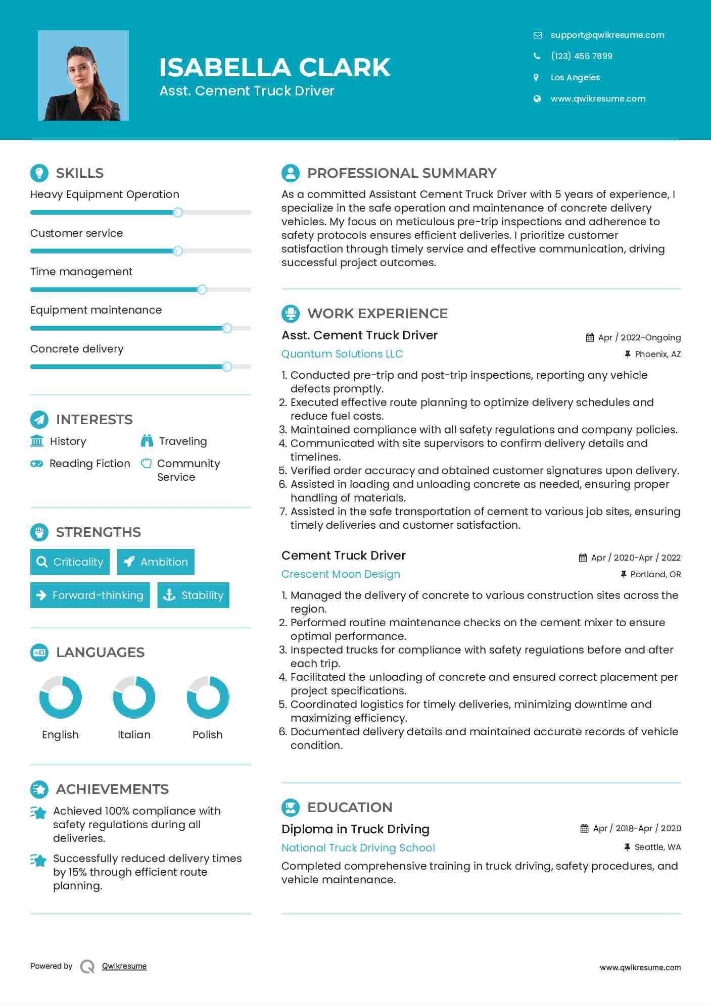 Asst. Cement Truck Driver Resume Sample