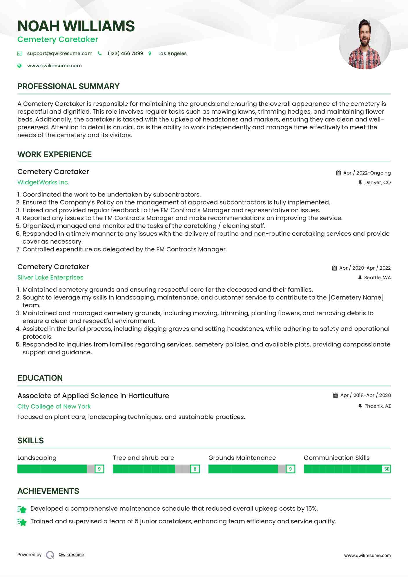 Cemetery Caretaker Resume Sample