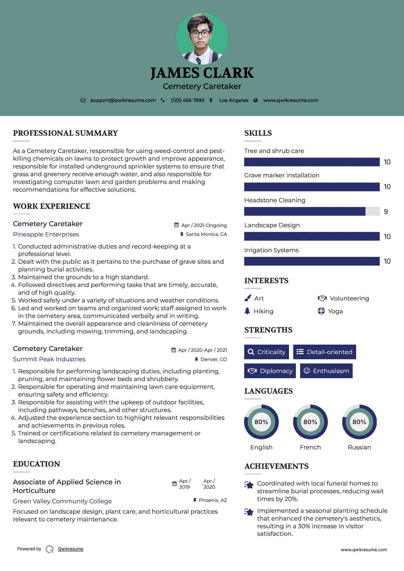 Cemetery Caretaker Resume Sample