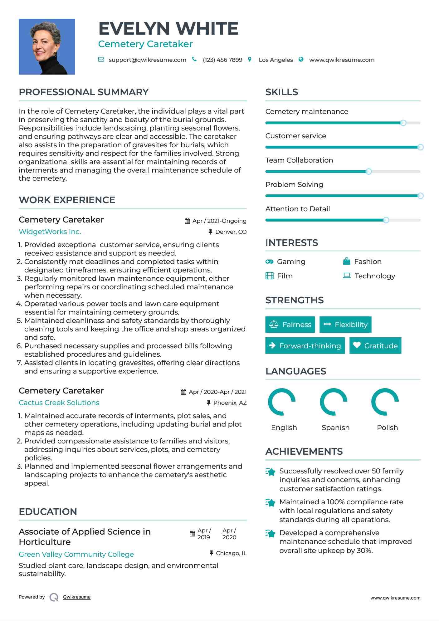 Cemetery Caretaker Resume Model