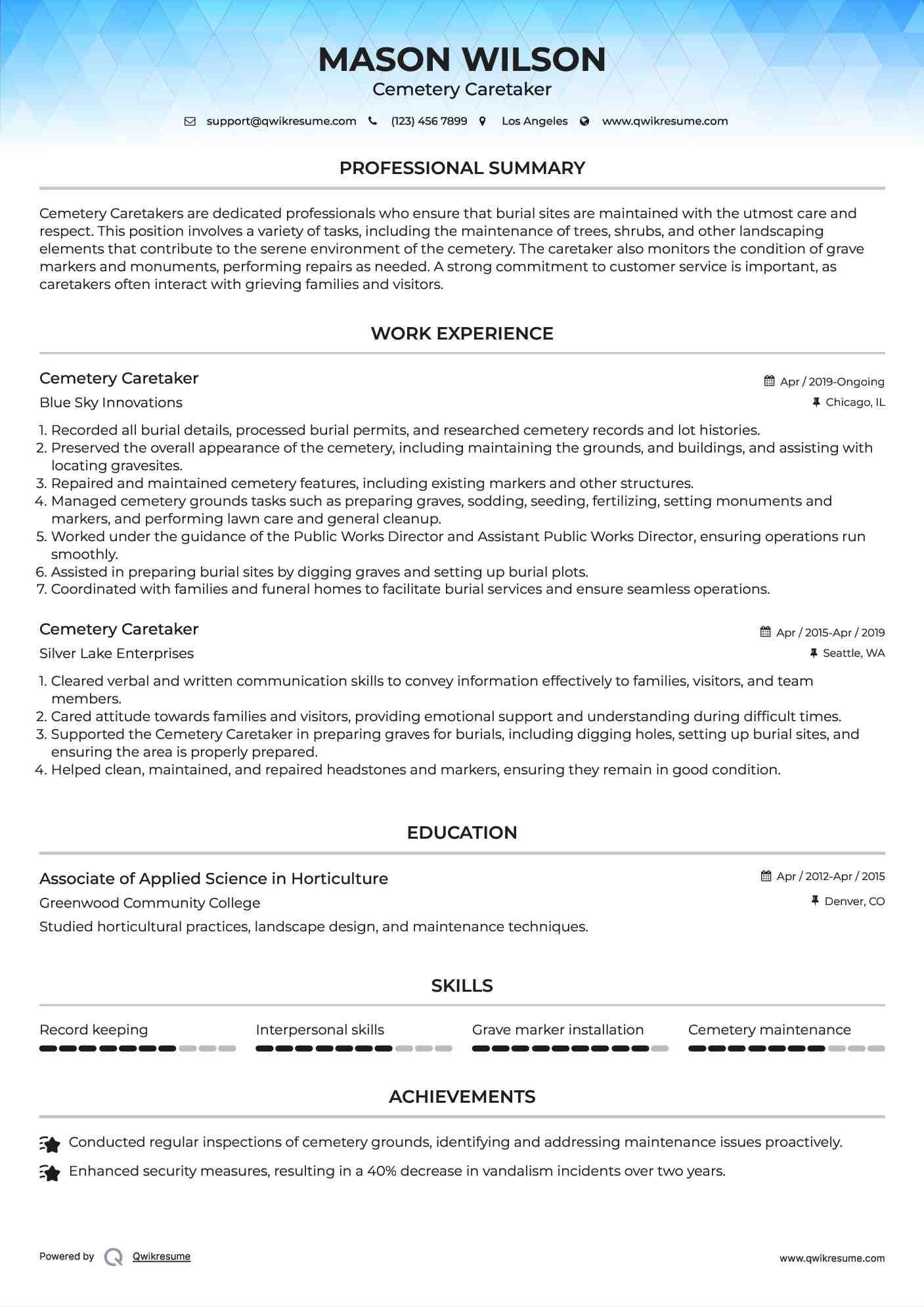 Cemetery Caretaker Resume Example
