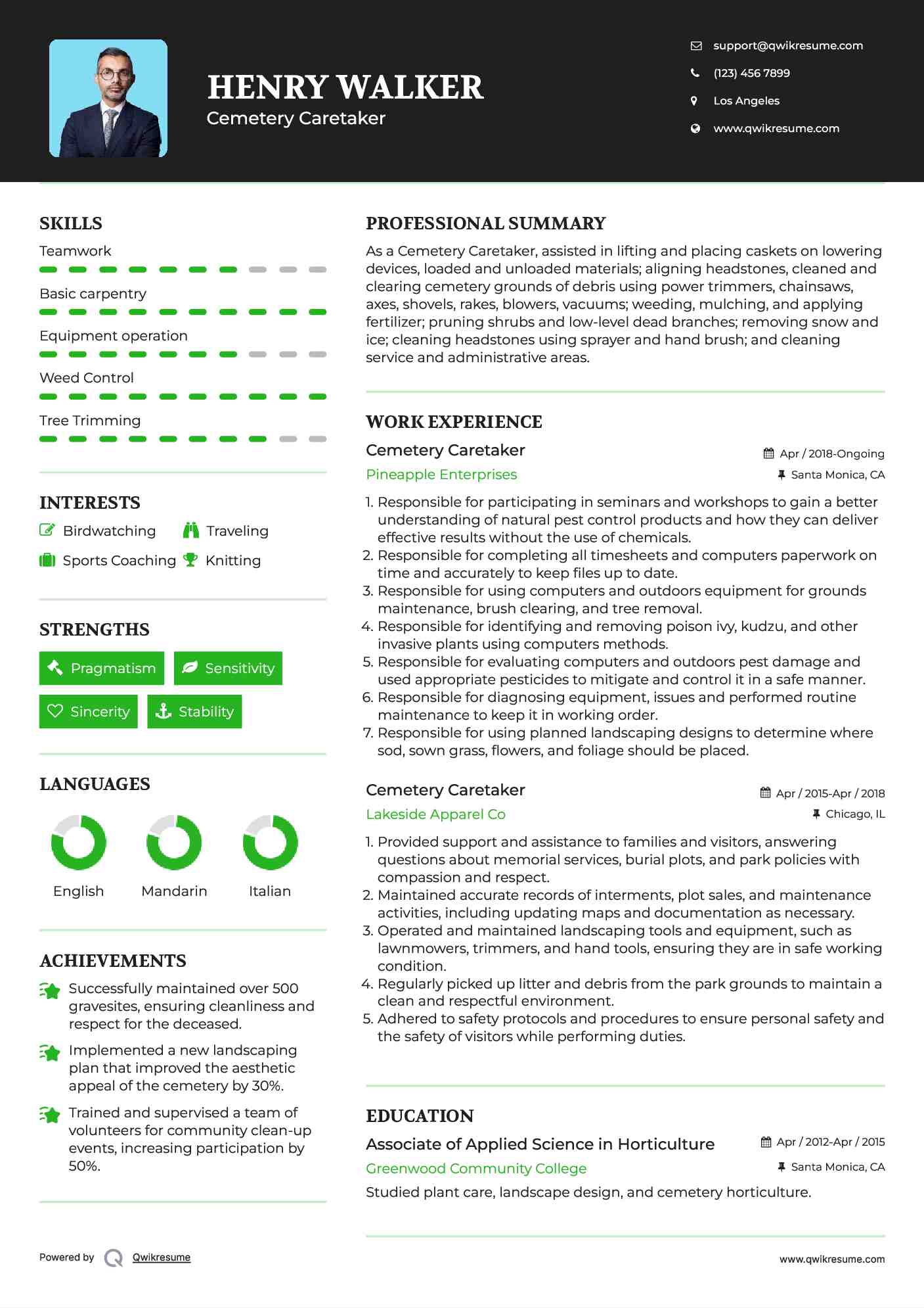 Cemetery Caretaker Resume Example