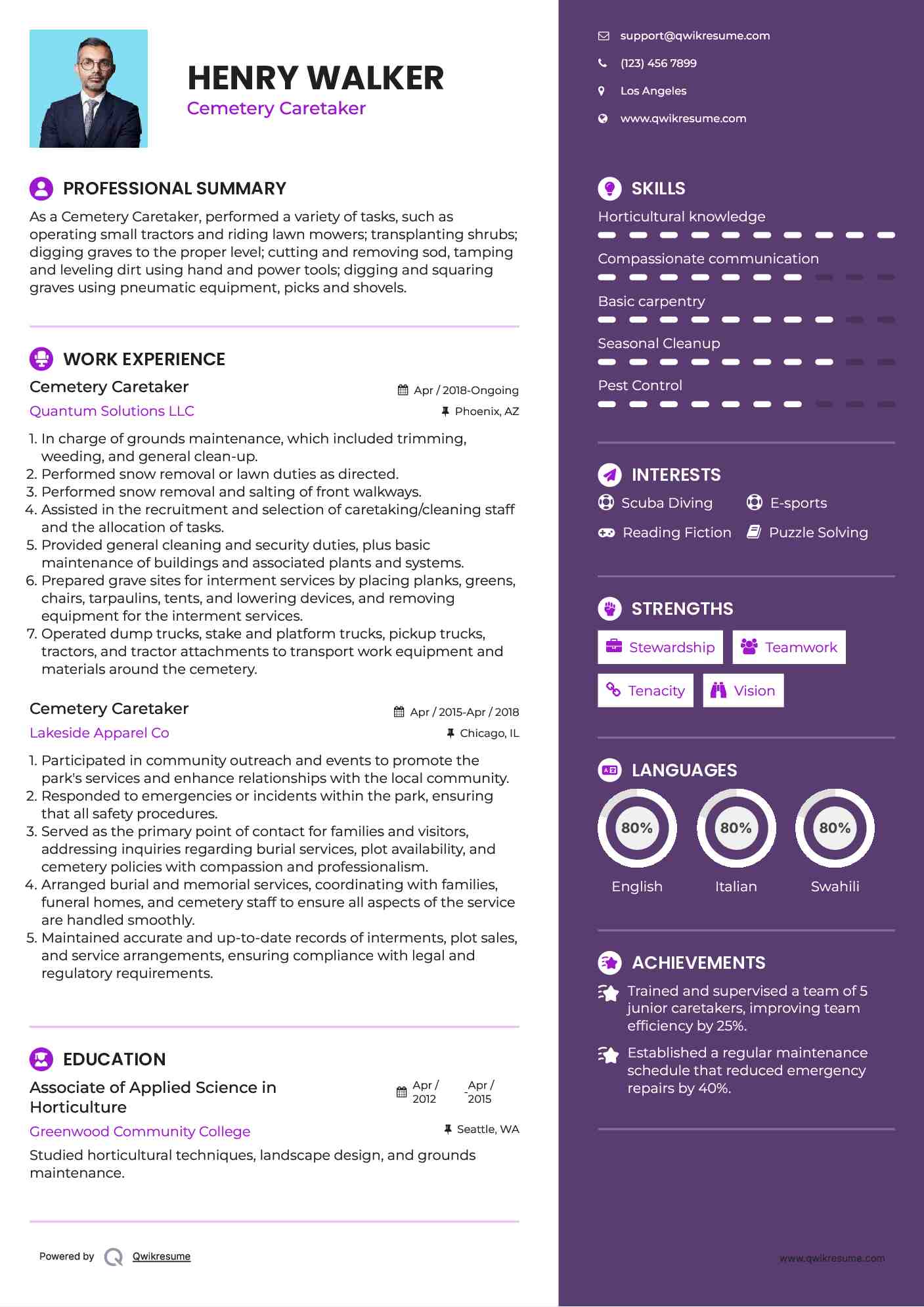Cemetery Caretaker Resume Format