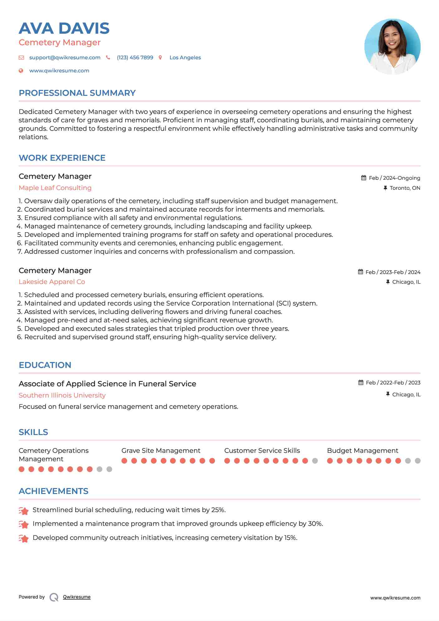 Cemetery Manager Resume Model