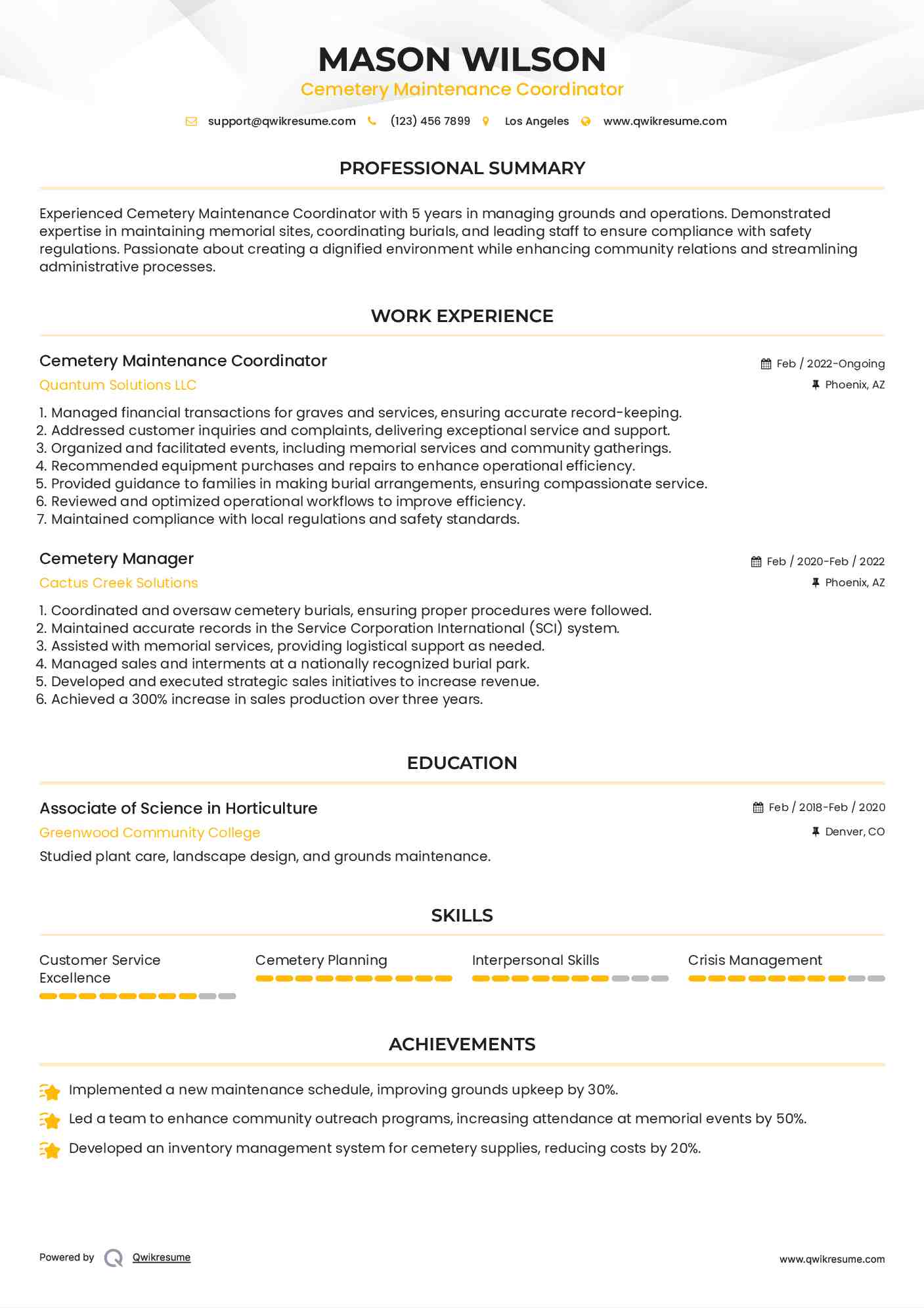 Cemetery Maintenance Coordinator Resume Example
