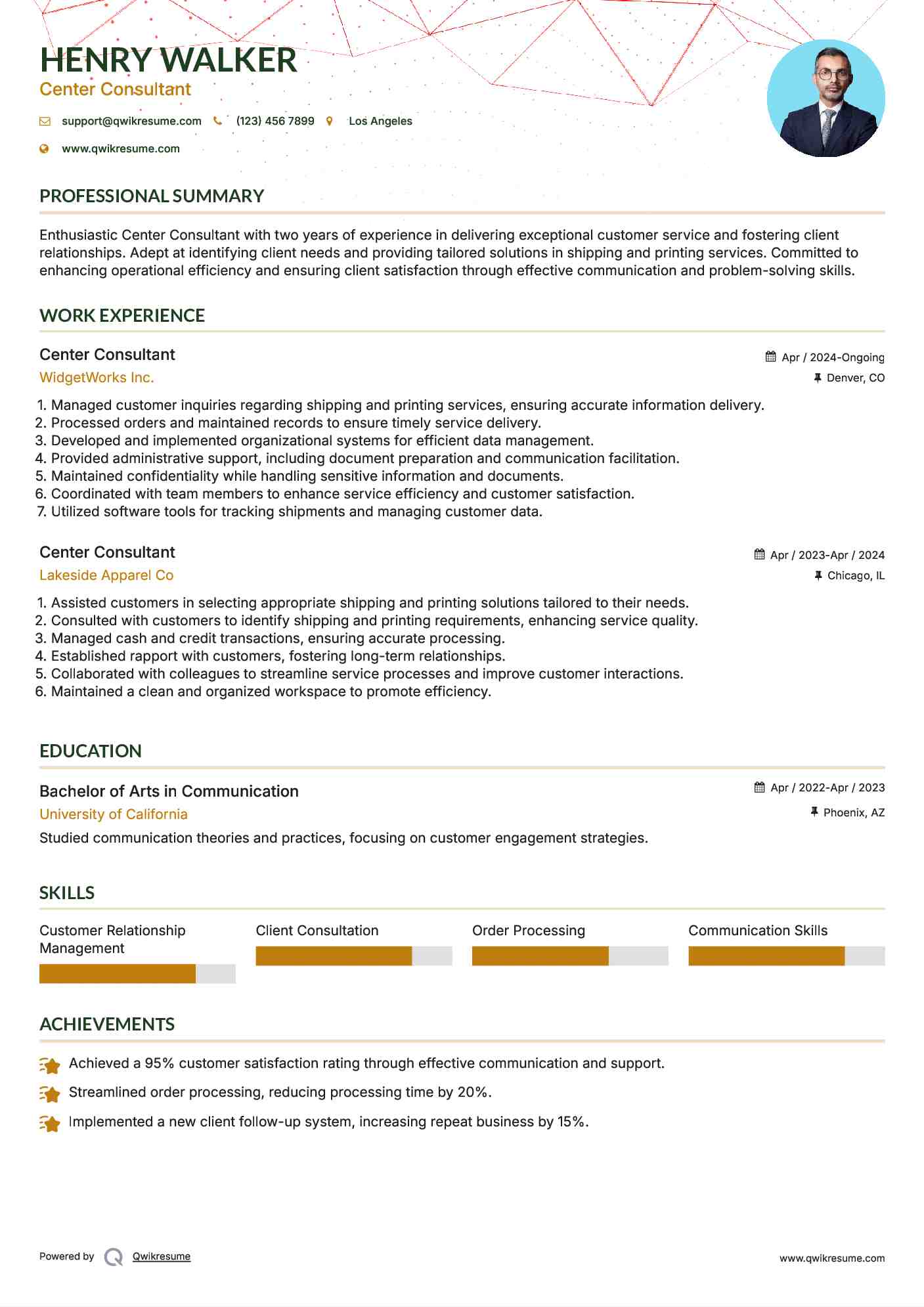 Center Consultant Resume Model
