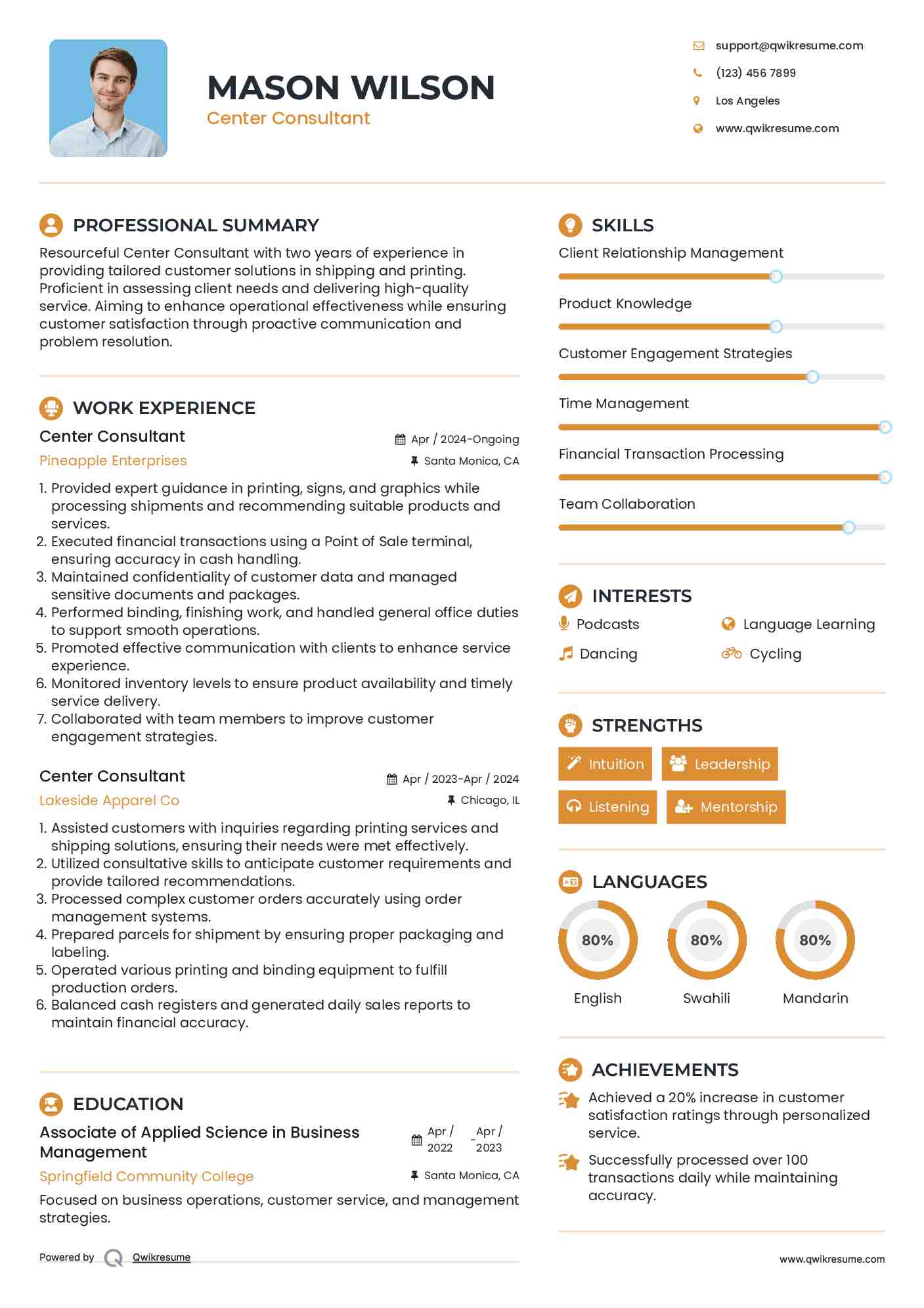 Center Consultant Resume Model