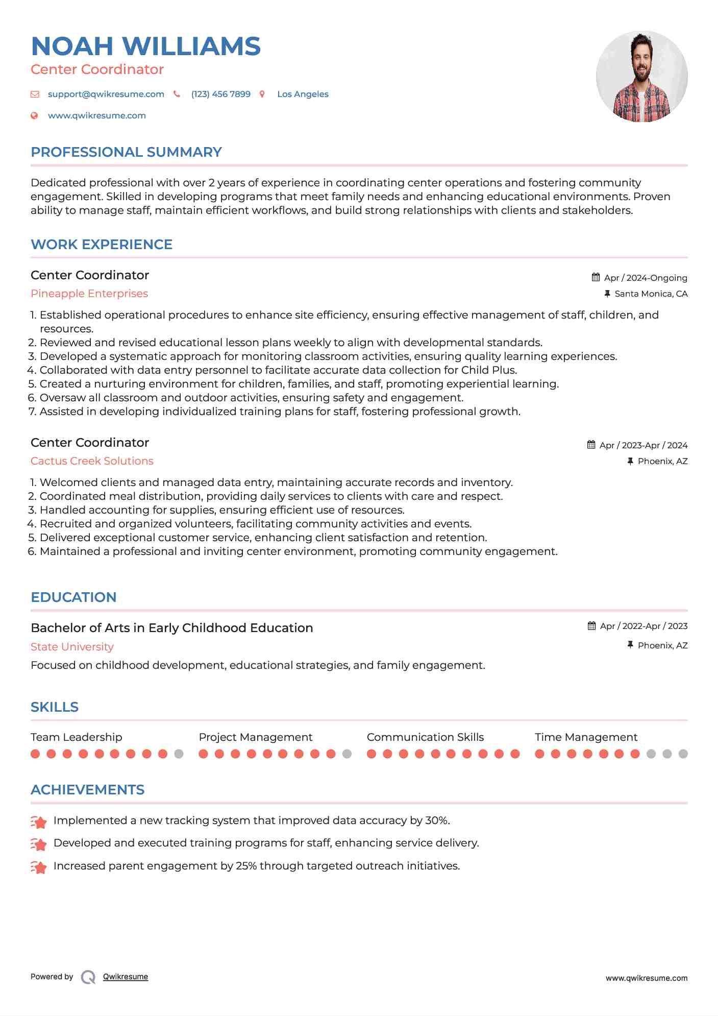 Center Coordinator Resume Example