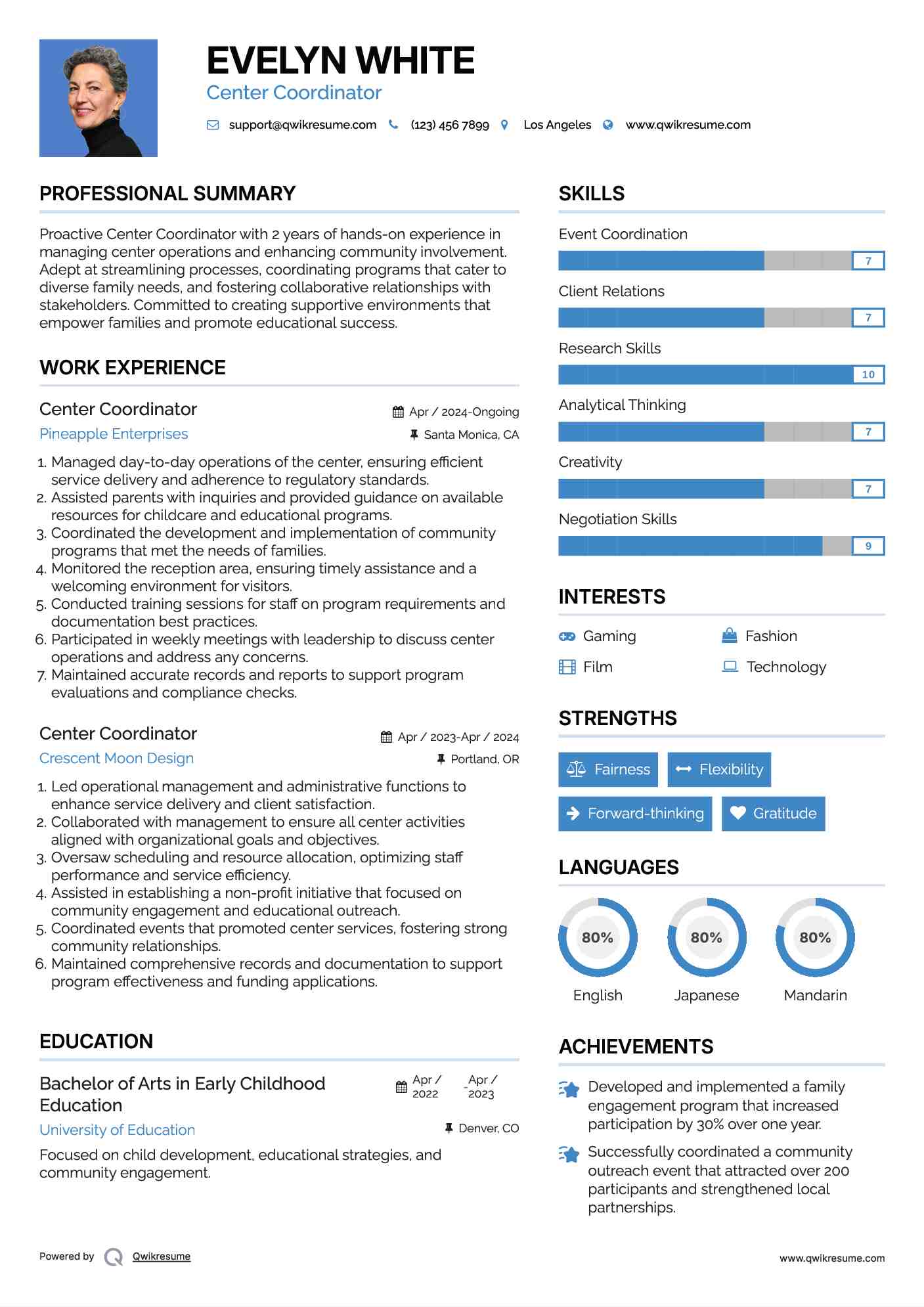 Center Coordinator Resume Model