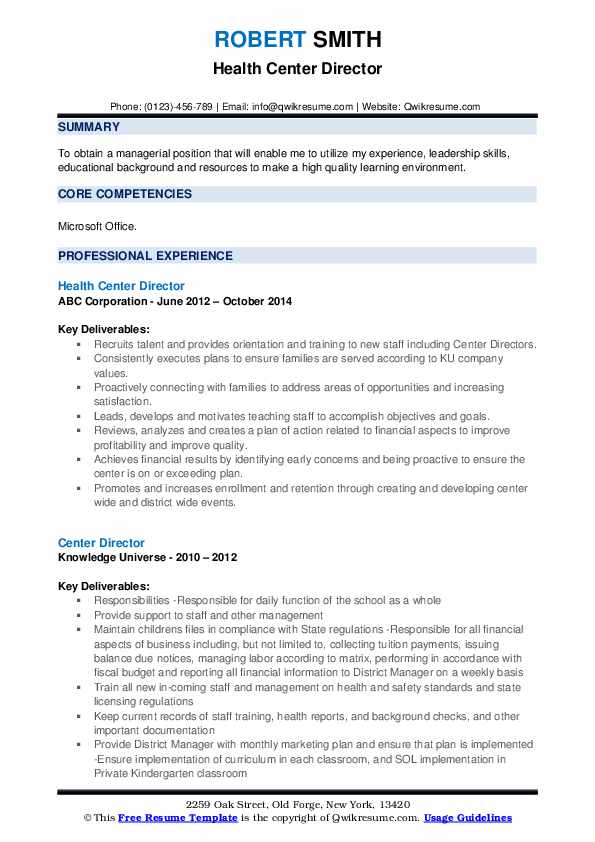 Center Director Resume Samples QwikResume