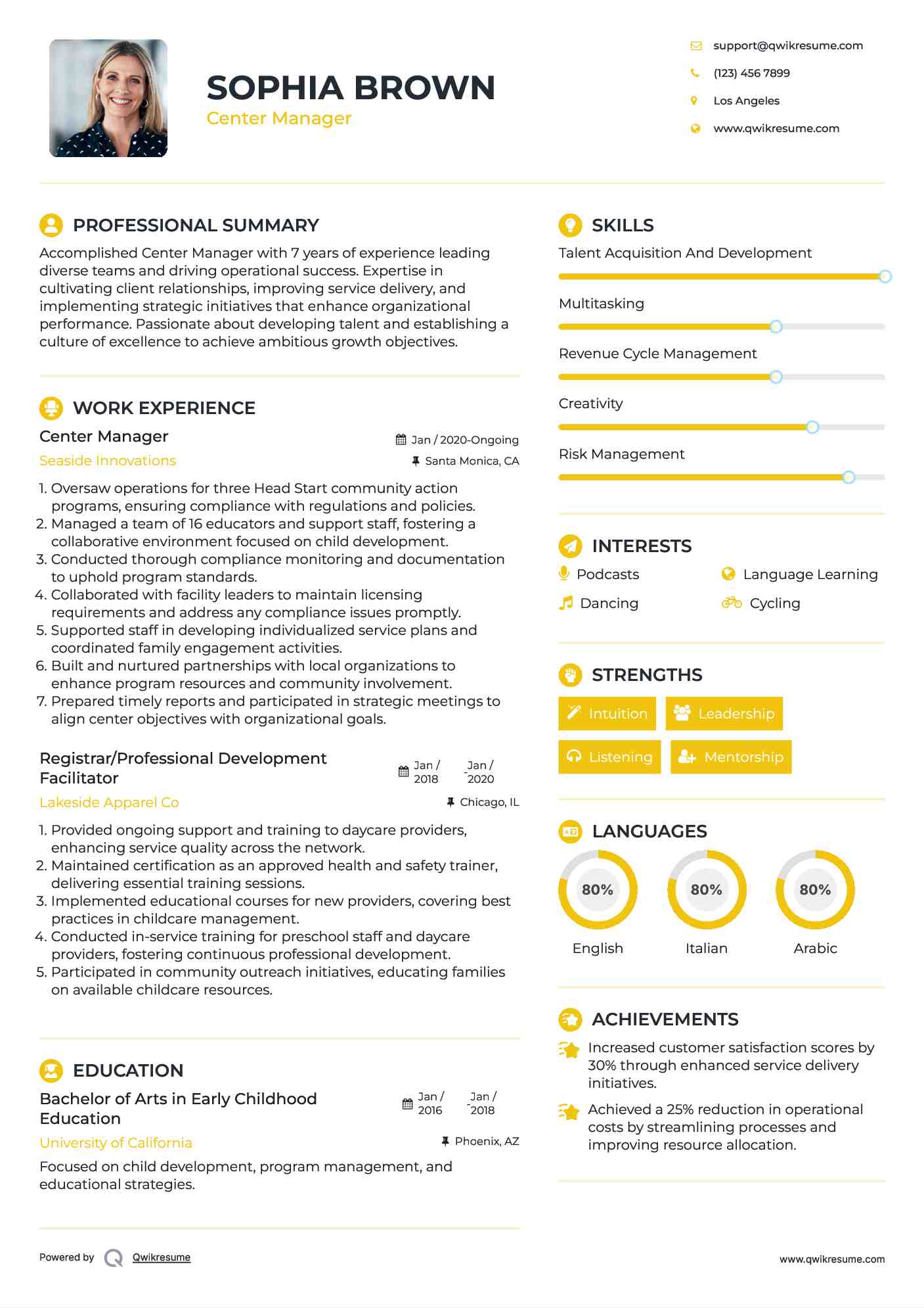 Center Manager Resume Model