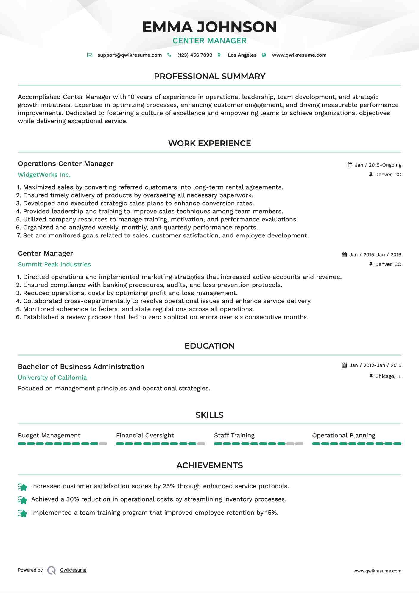 Operations Center Manager Resume Sample