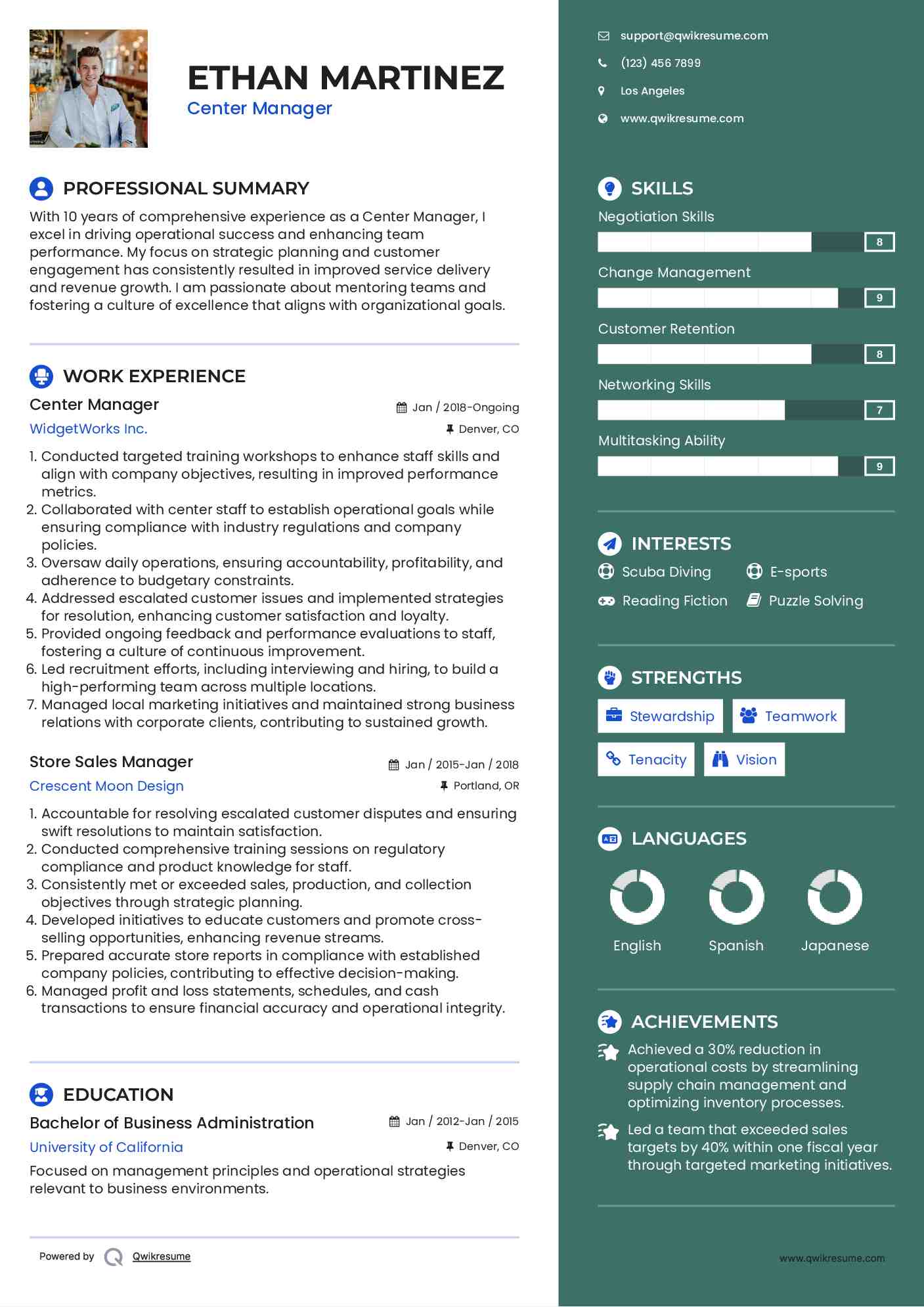 Center Manager Resume Template