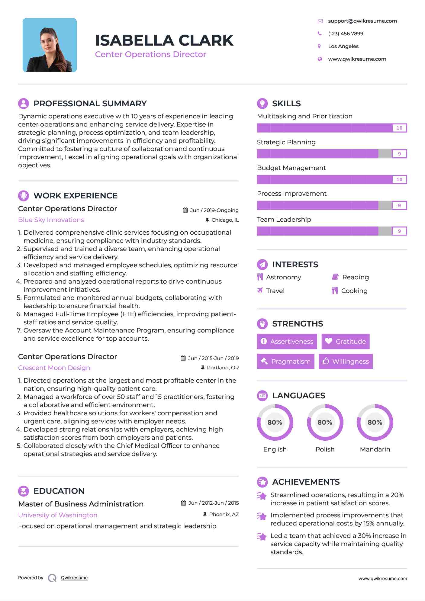 Center Operations Director Resume Model