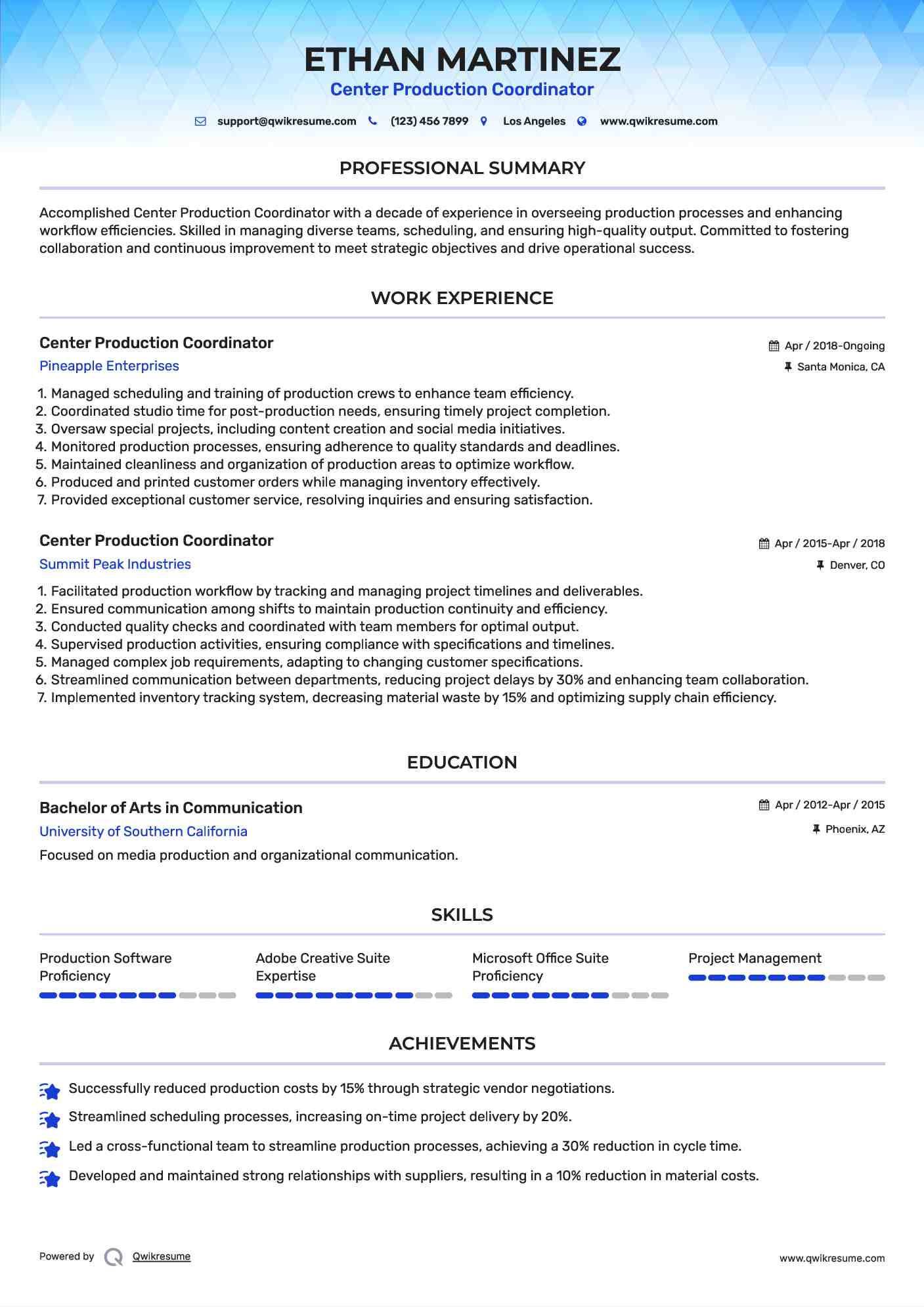 Center Production Coordinator Resume Format