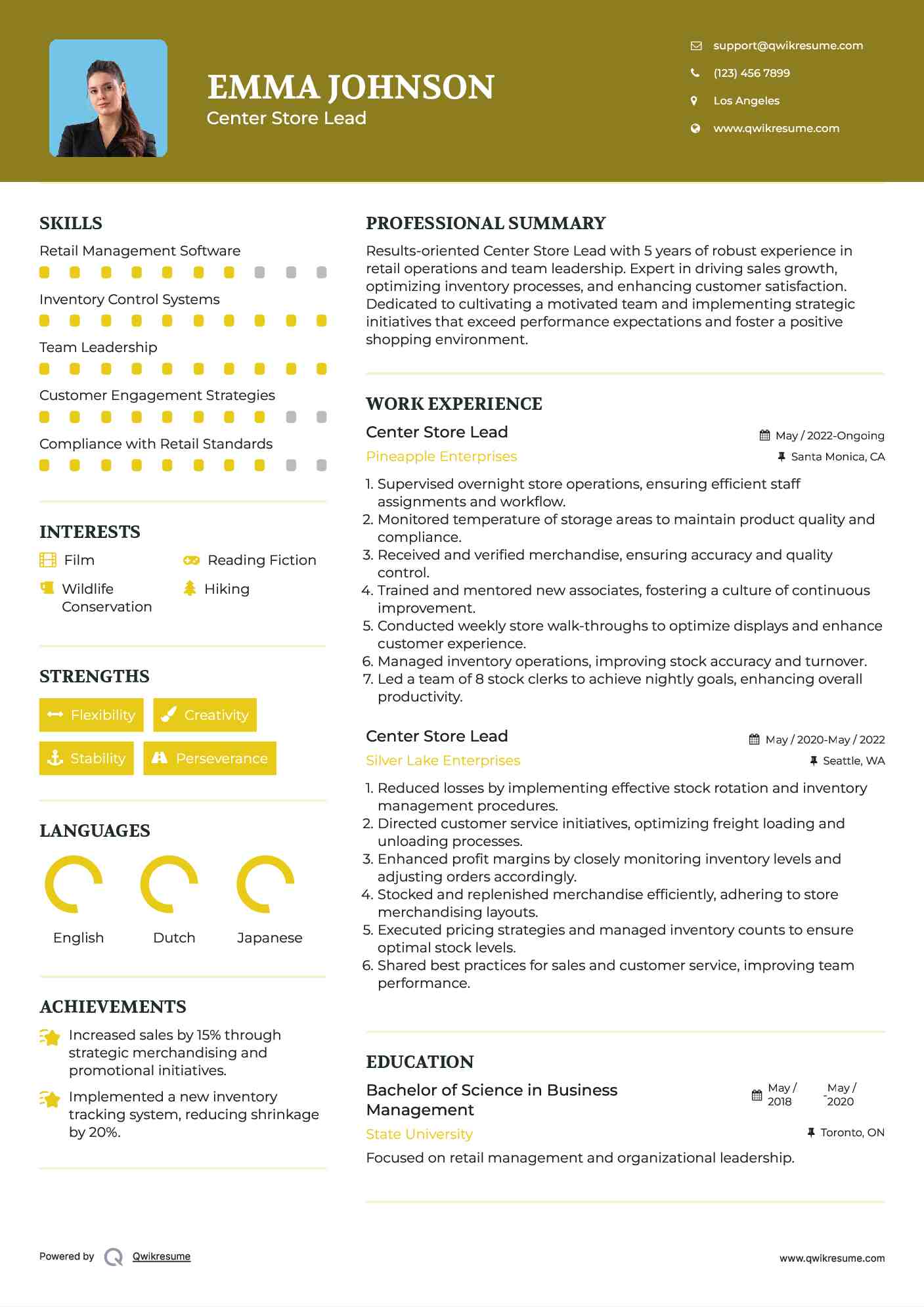 Center Store Lead Resume Example