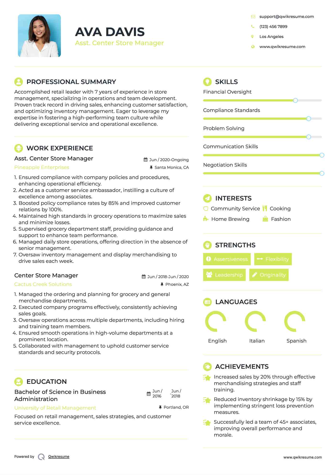 Asst. Center Store Manager Resume Sample