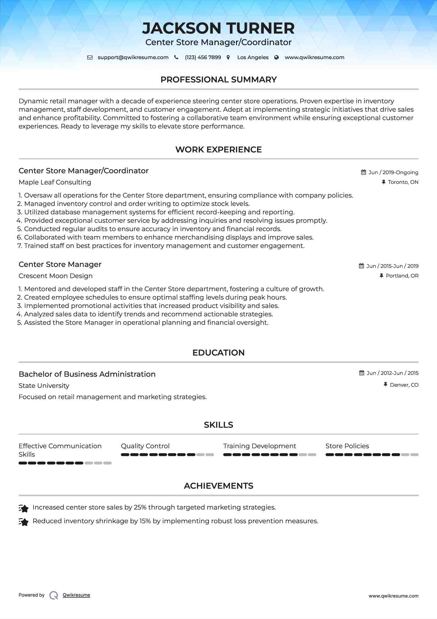 Center Store Manager/Coordinator Resume Sample