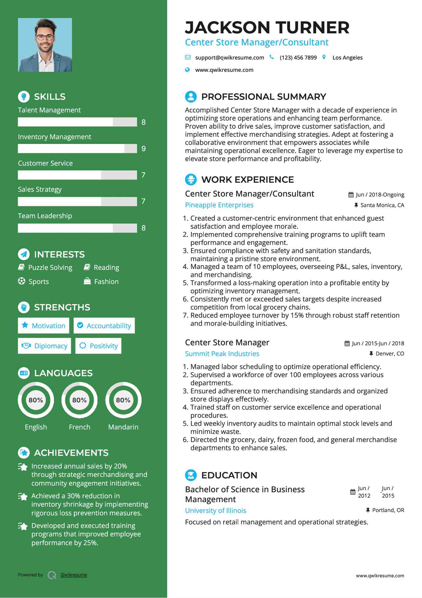 Center Store Manager/Consultant Resume Sample