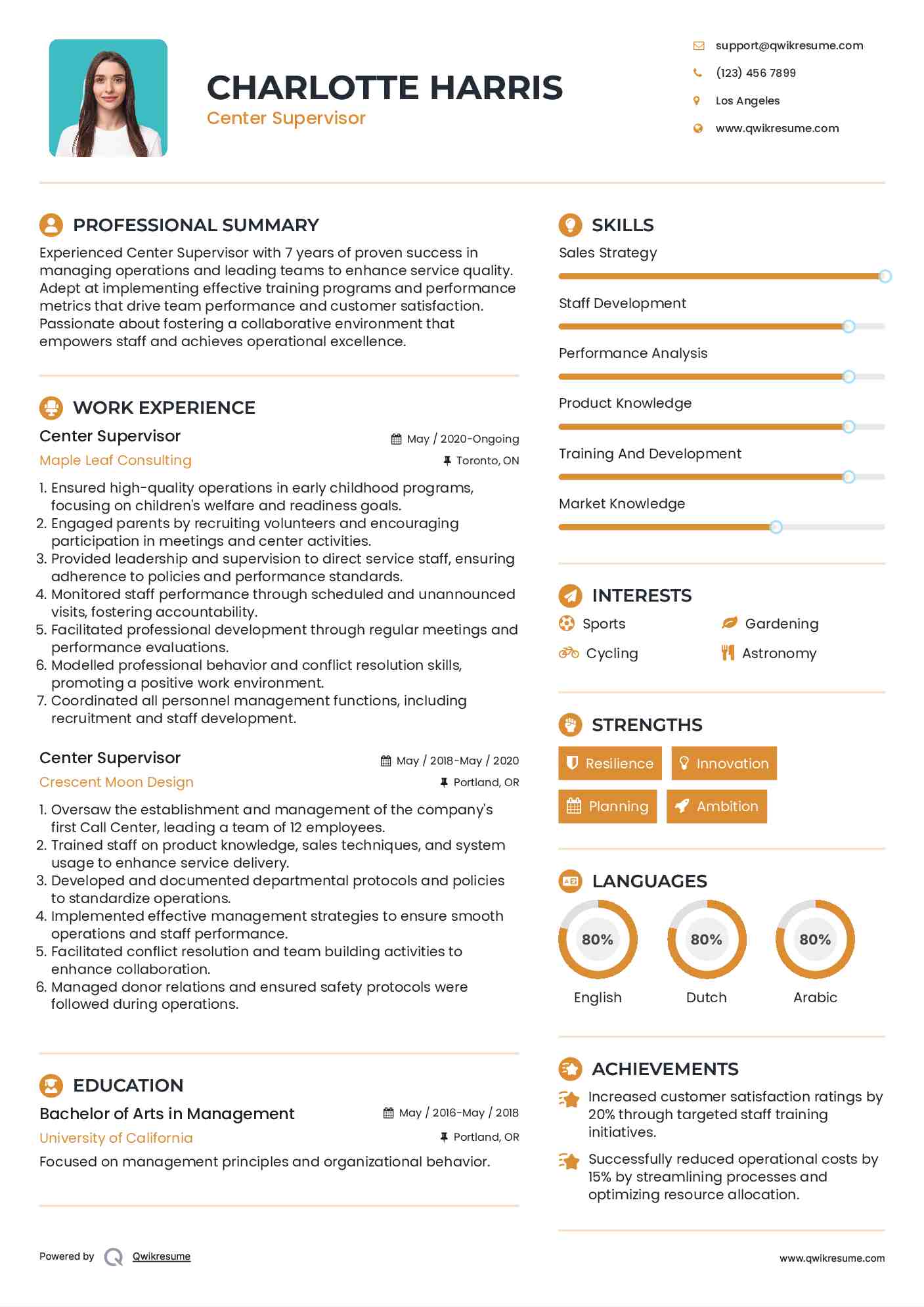 Center Supervisor Resume Sample