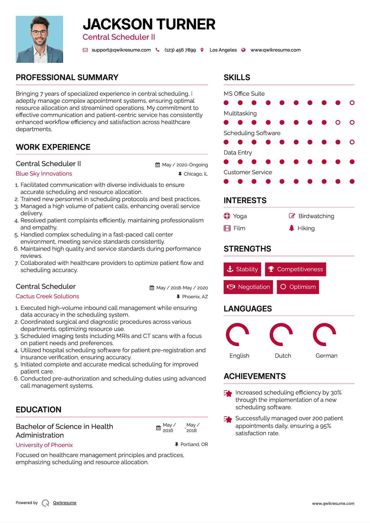 Central Scheduler II Resume Sample