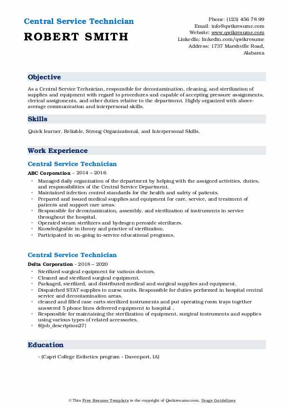 Central Service Technician Resume Samples QwikResume