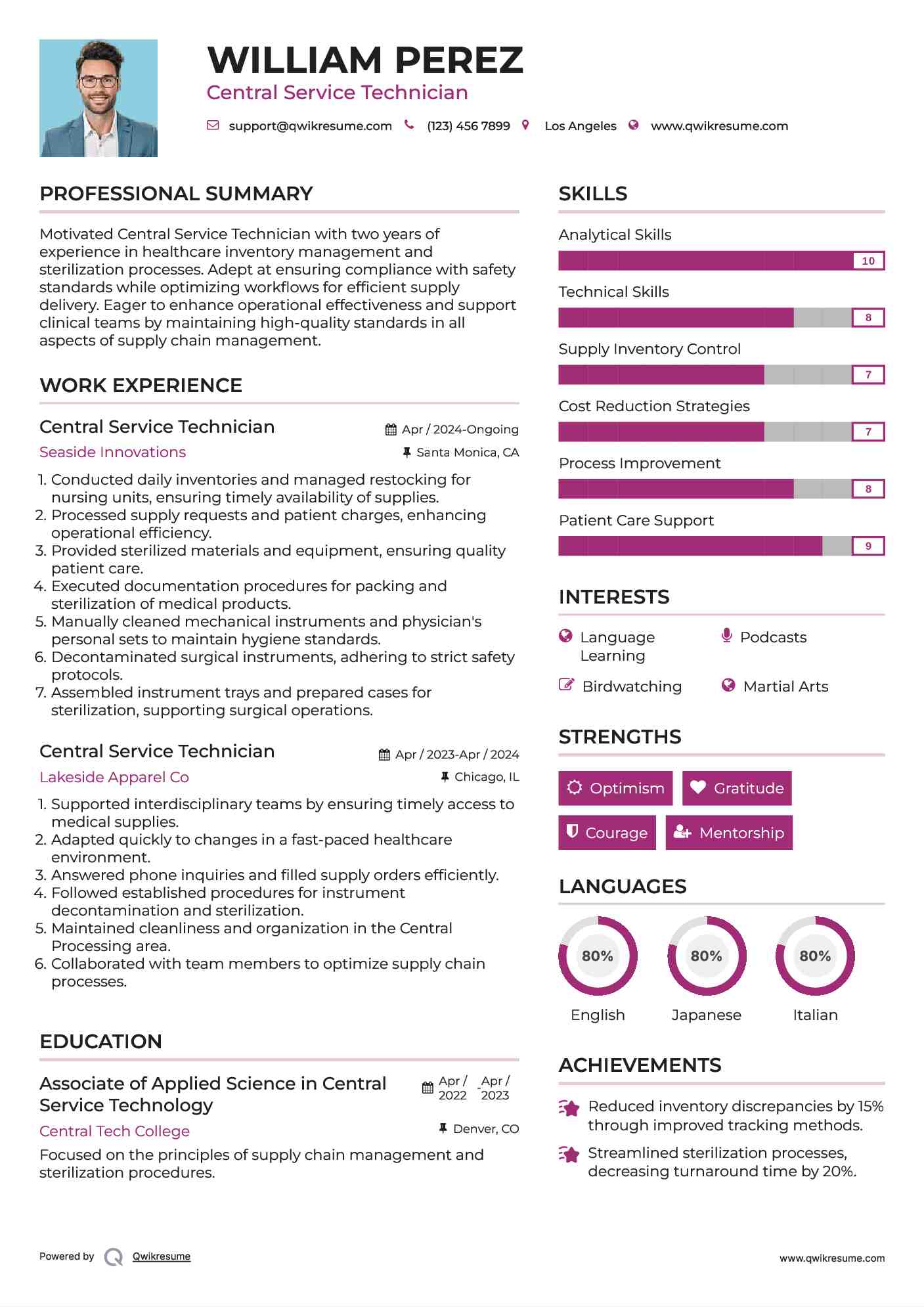 Central Service Technician Resume Model