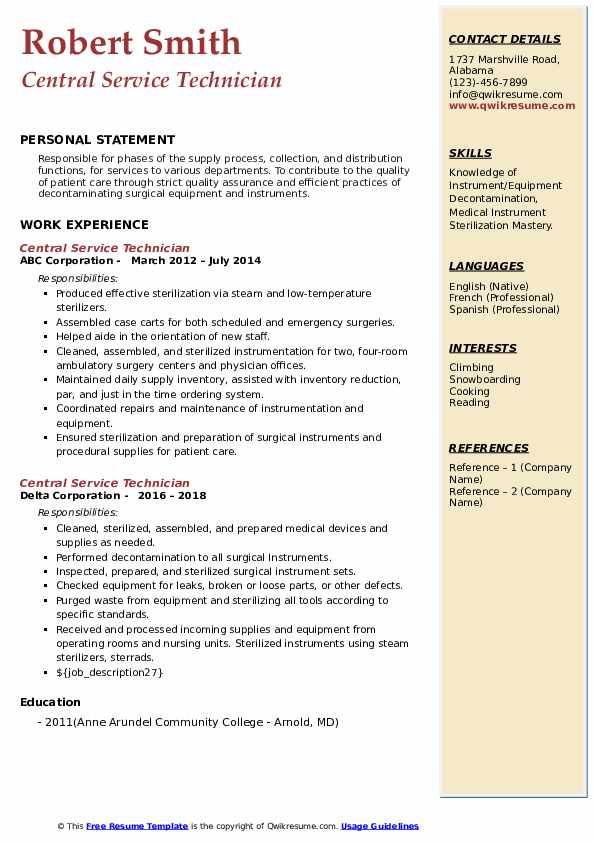 Central Service Technician Resume Samples QwikResume