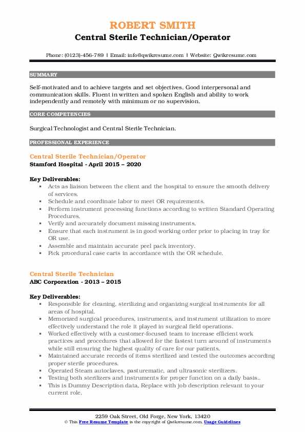 Central Sterile Technician Resume Samples QwikResume