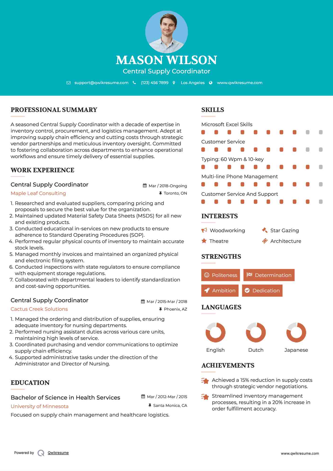 Central Supply Coordinator Resume Example