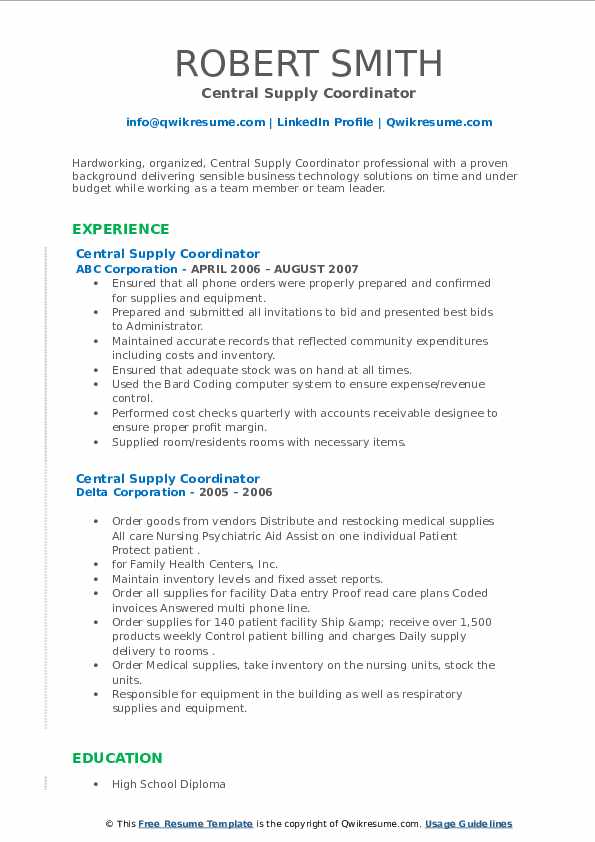 Central Supply Coordinator Resume Samples QwikResume