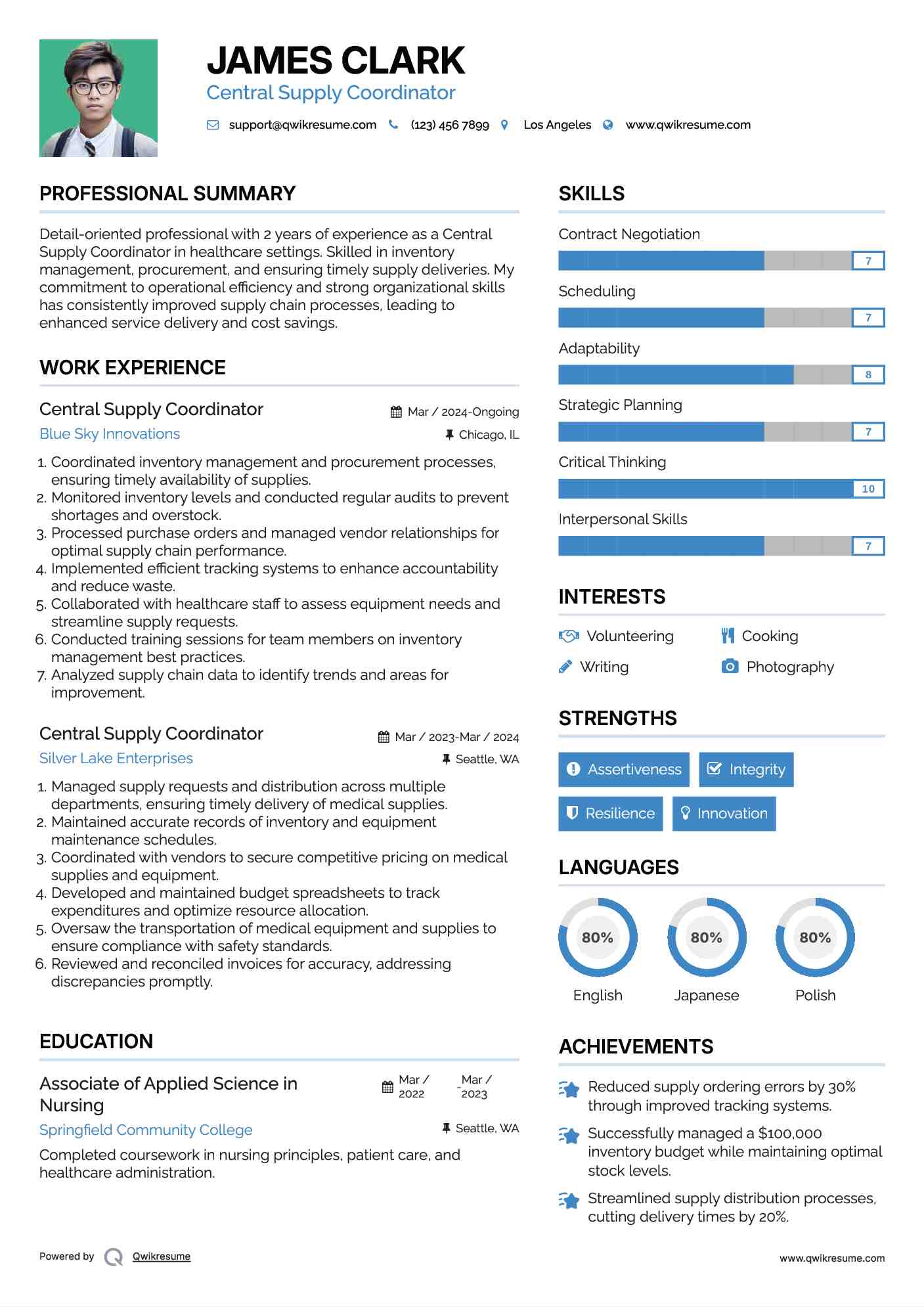 Central Supply Coordinator Resume Example