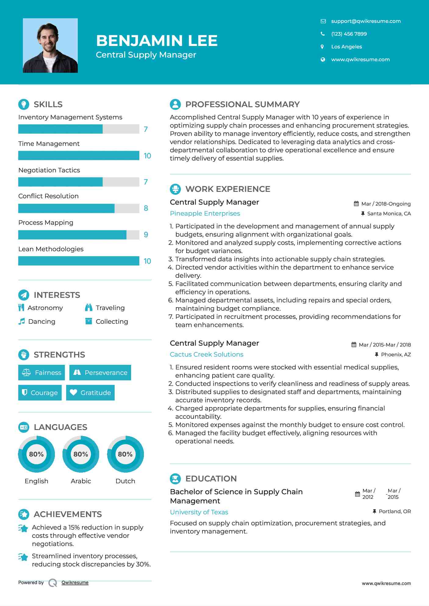 Central Supply Manager Resume Example