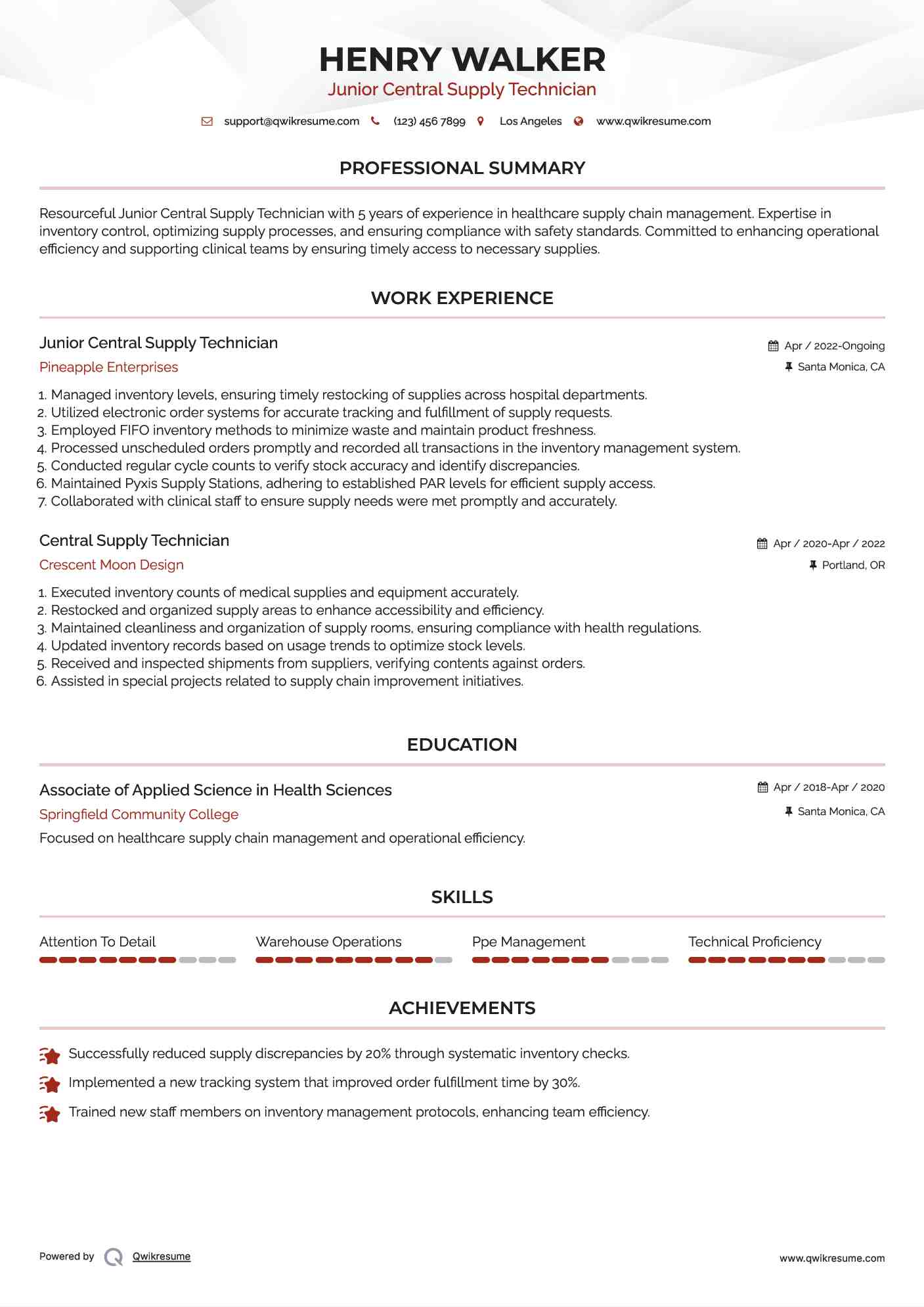 Junior Central Supply Technician  Resume Template