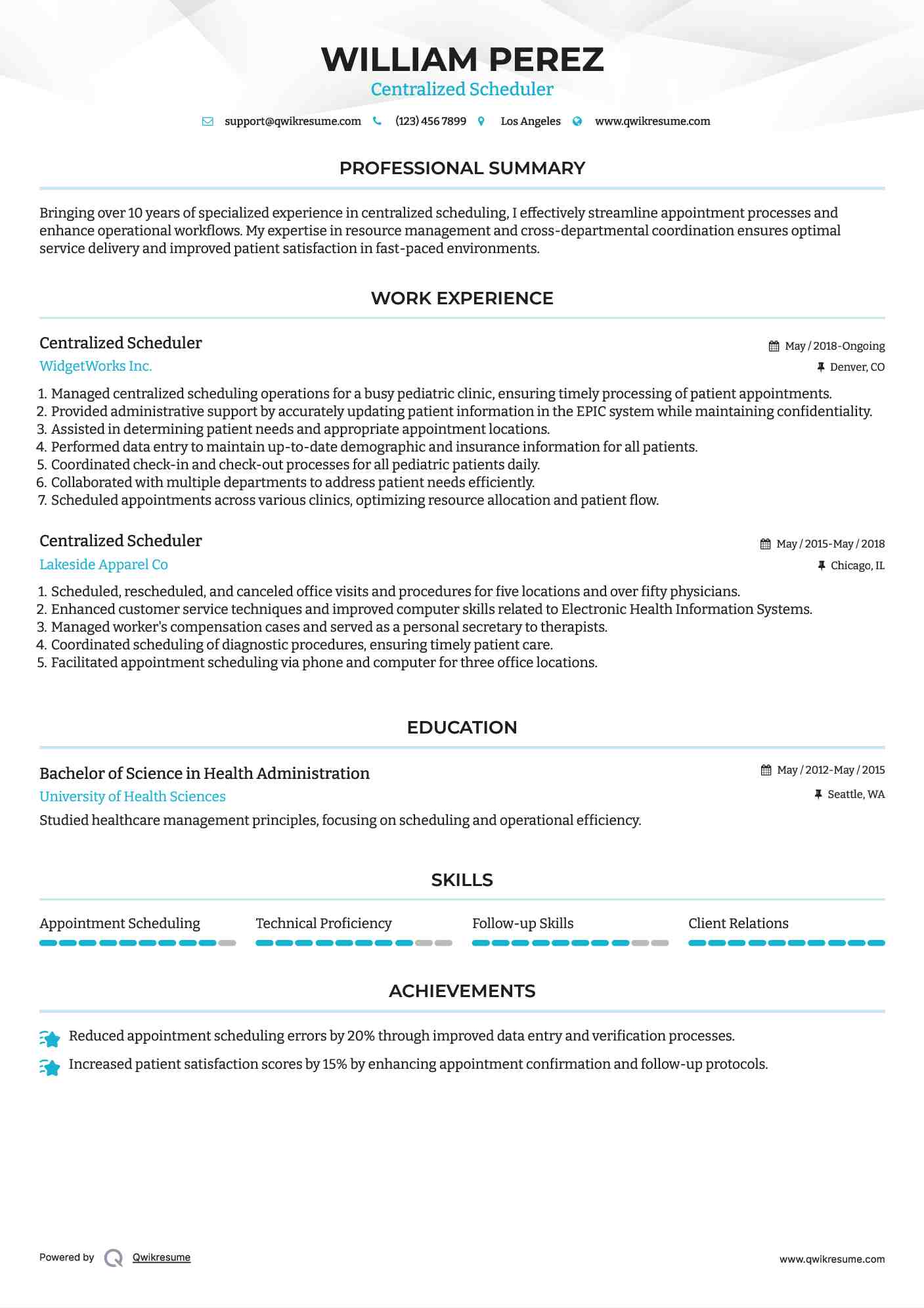 Centralized Scheduler Resume Format