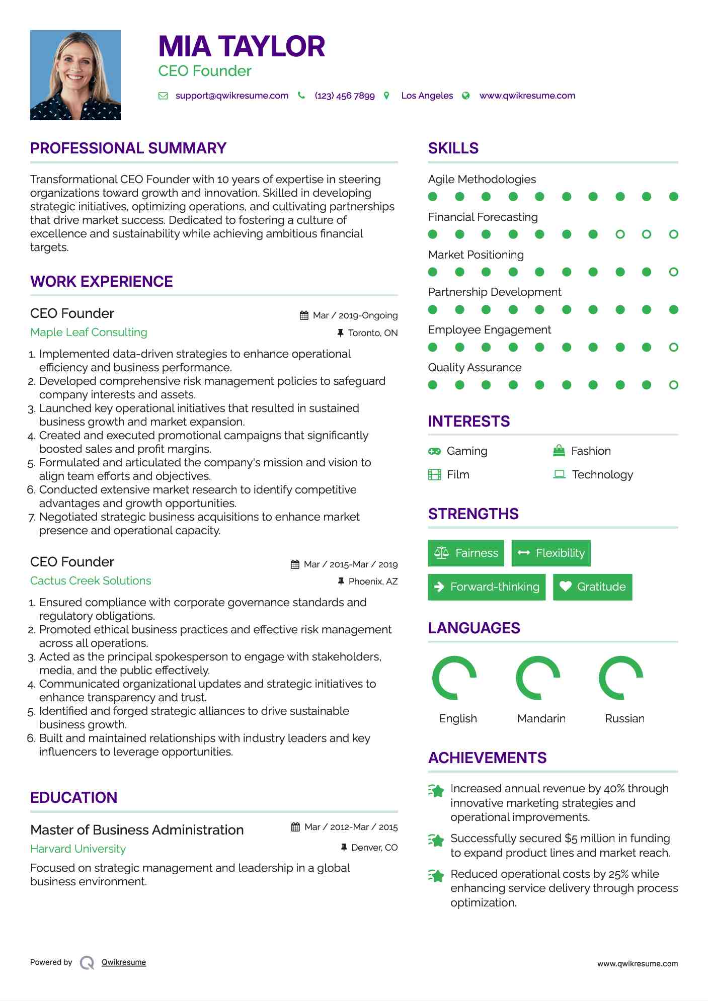 CEO Founder Resume Format