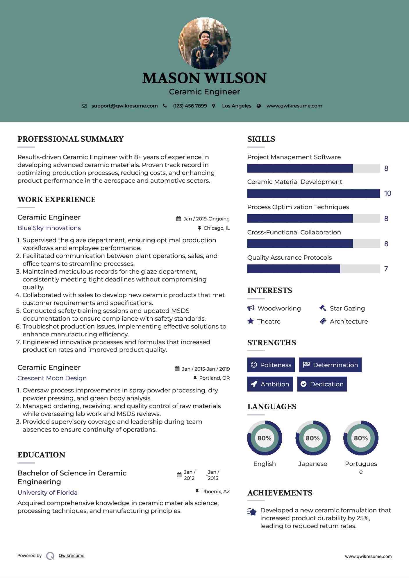 Ceramic Engineer Resume Samples QwikResume