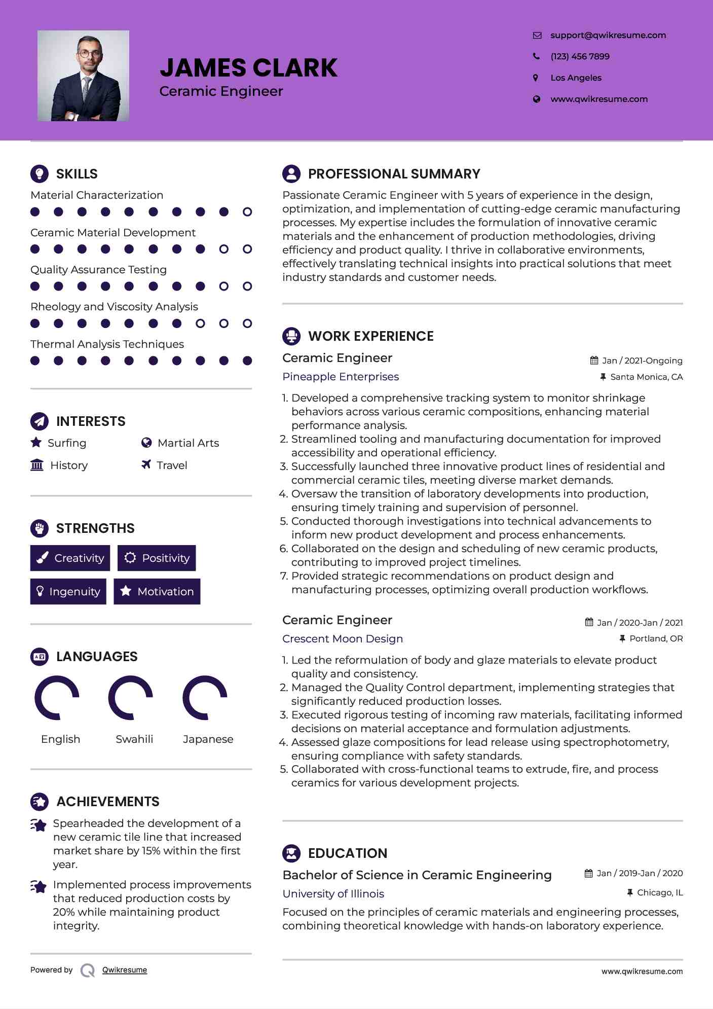 Ceramic Engineer Resume Samples QwikResume
