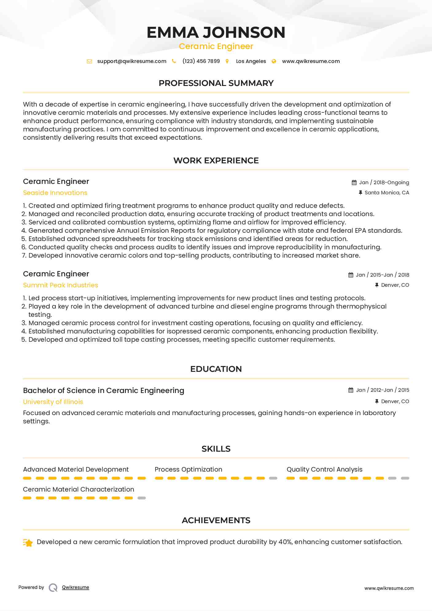Ceramic Engineer Resume Samples QwikResume