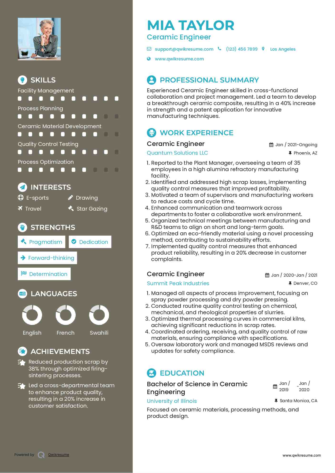 Ceramic Engineer Resume Samples QwikResume