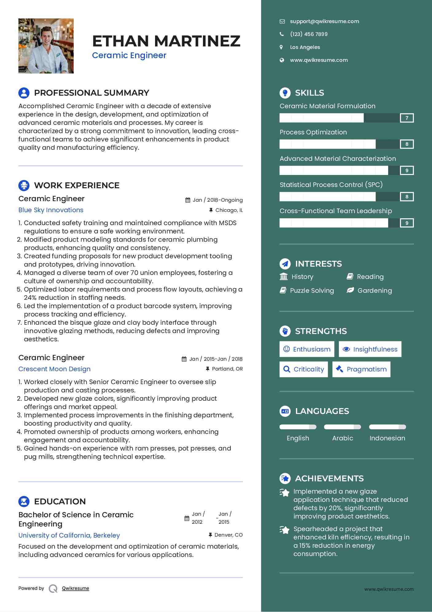 Ceramic Engineer Resume Samples QwikResume