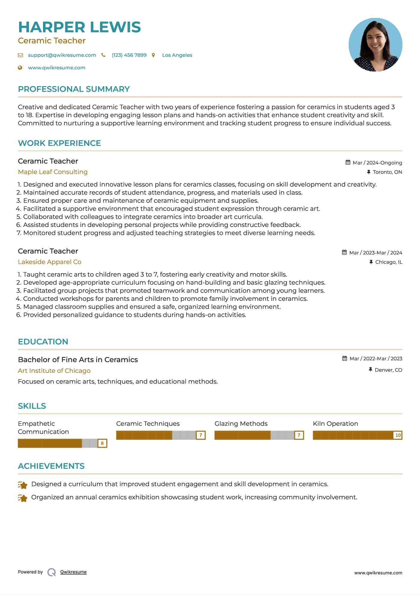 Ceramic Teacher Resume Sample