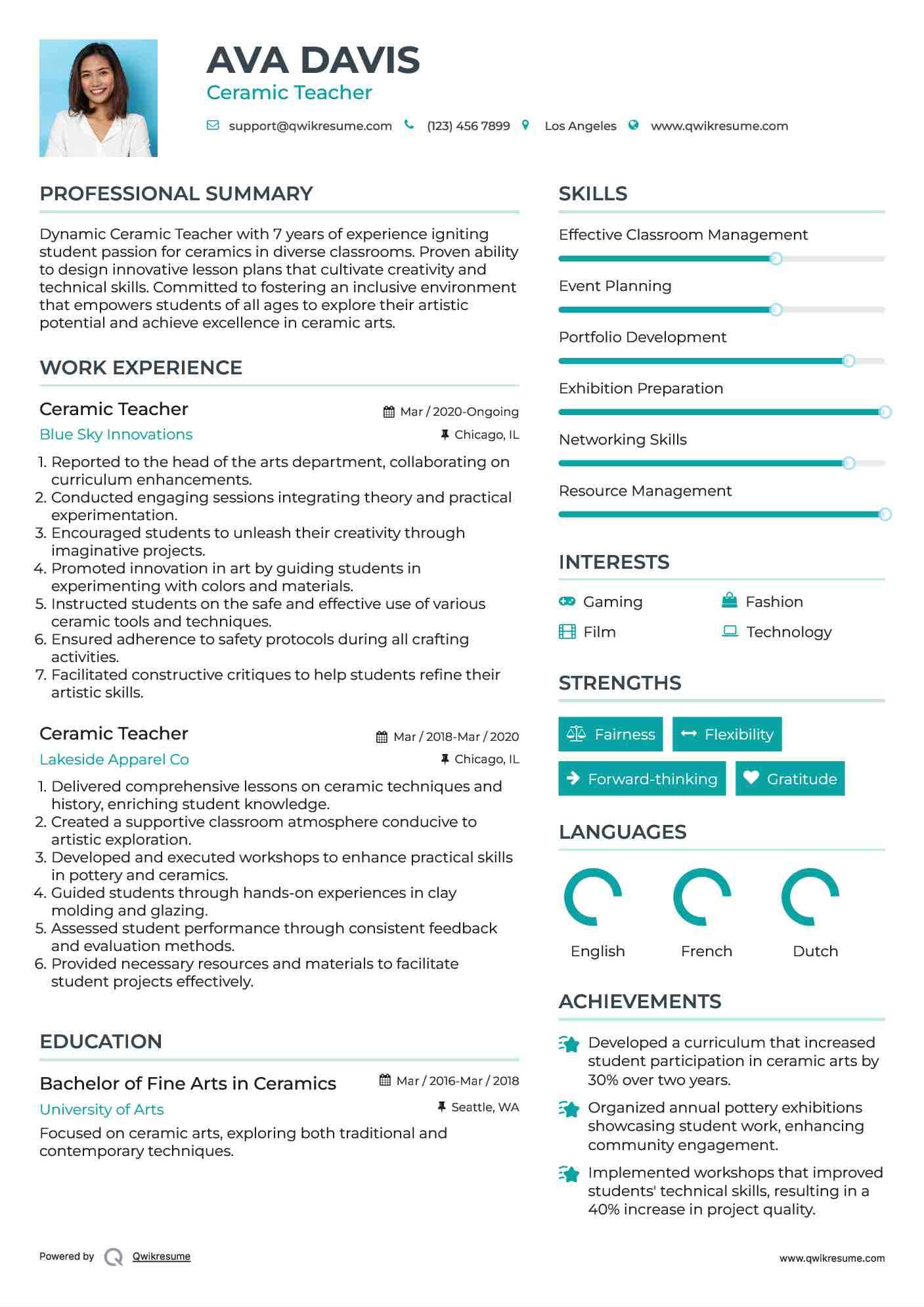 Ceramic Teacher Resume Example