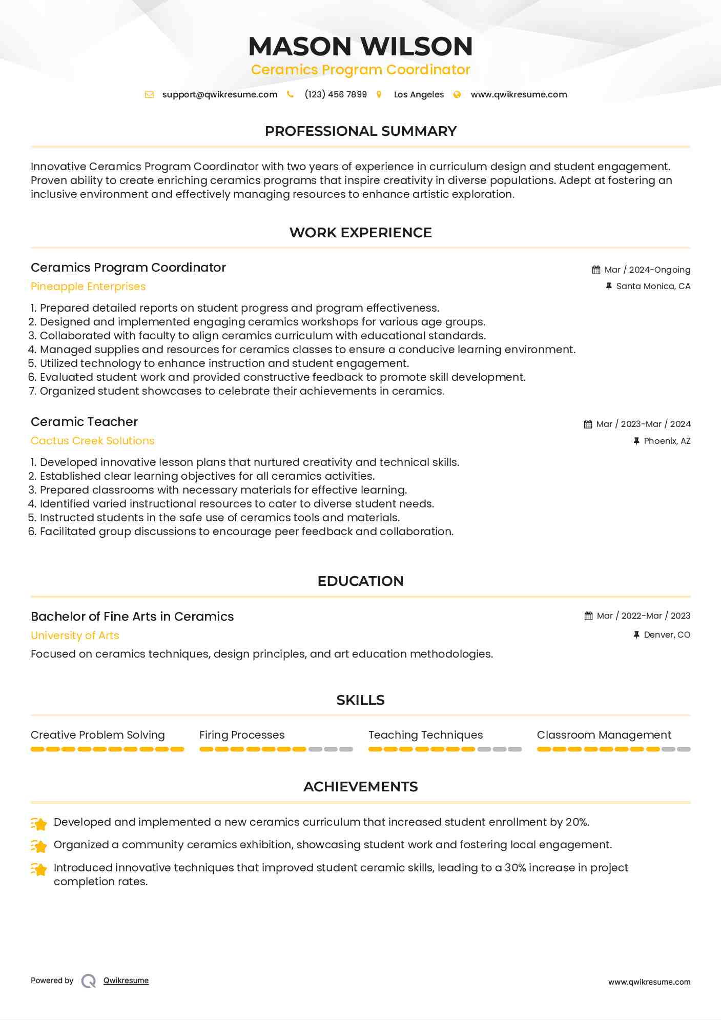 Ceramics Program Coordinator Resume Format