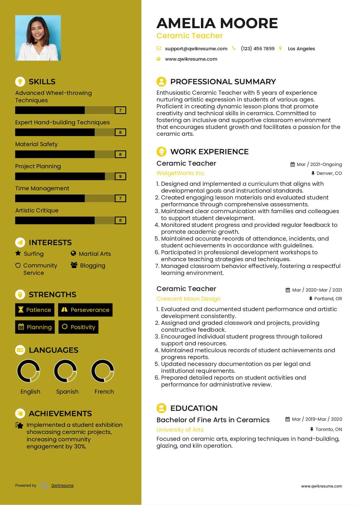 Ceramic Teacher Resume Sample