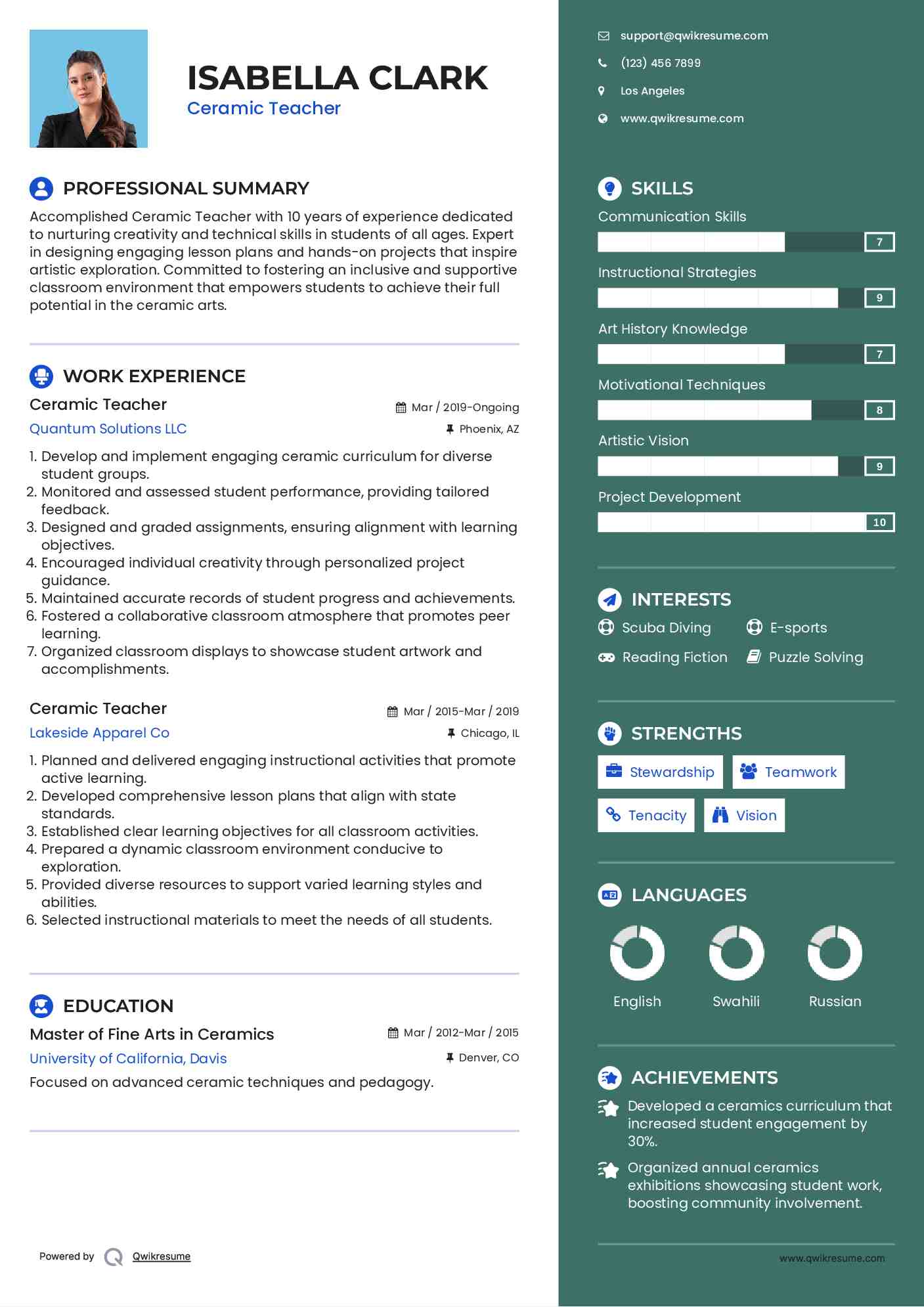 Ceramic Teacher Resume Format