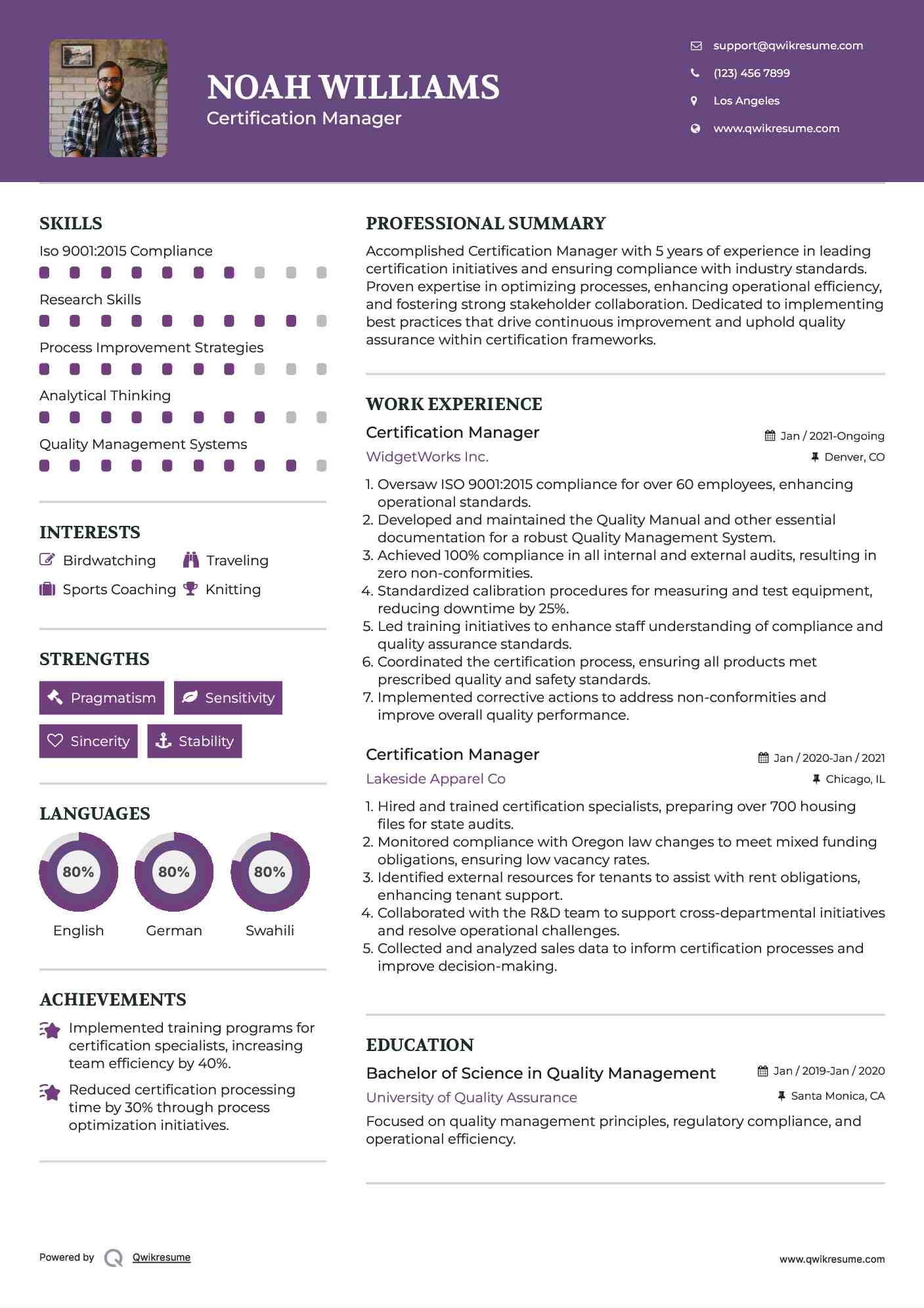 Certification Manager Resume Example