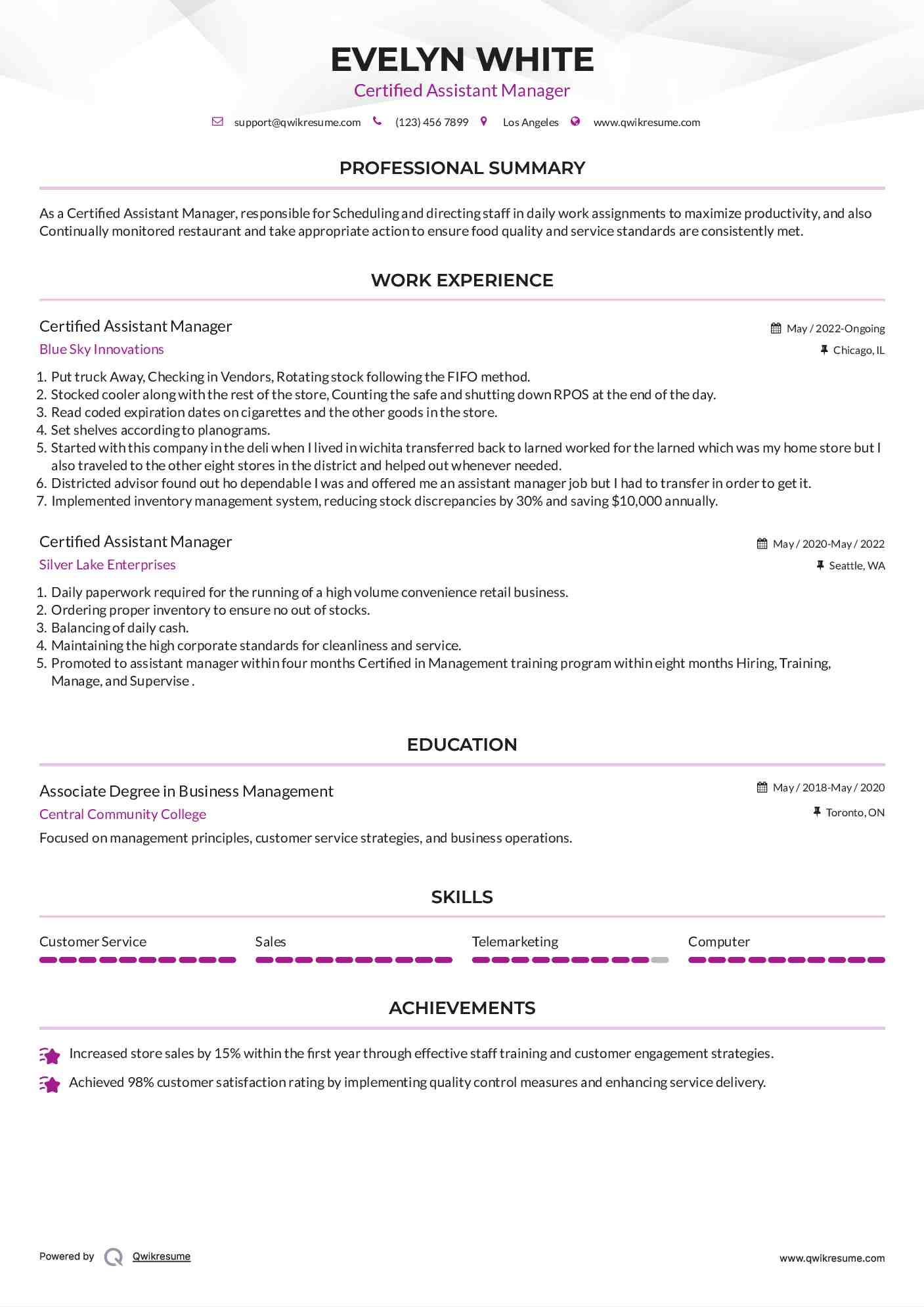 Certified Assistant Manager Resume Template