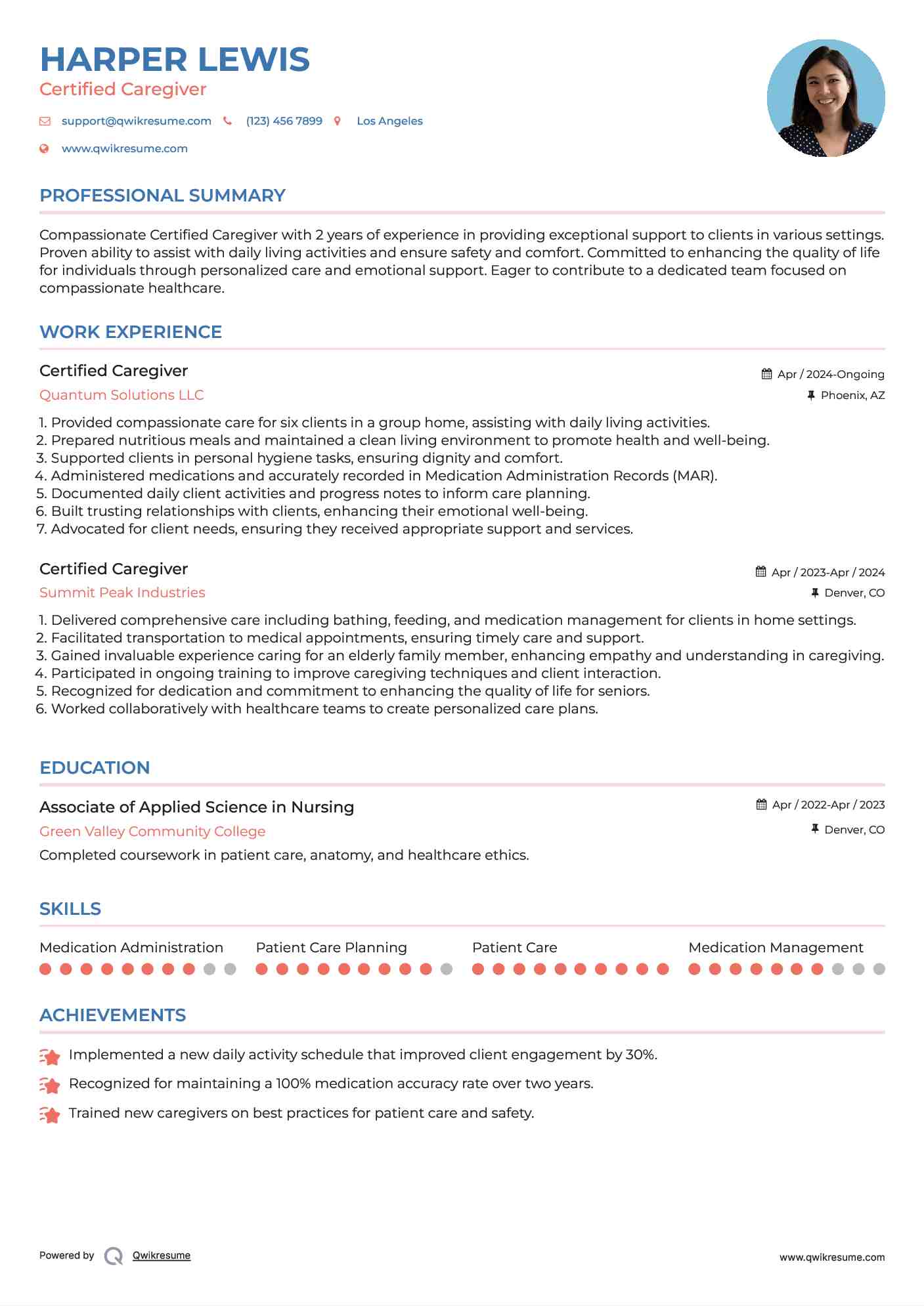 Certified Caregiver Resume Example