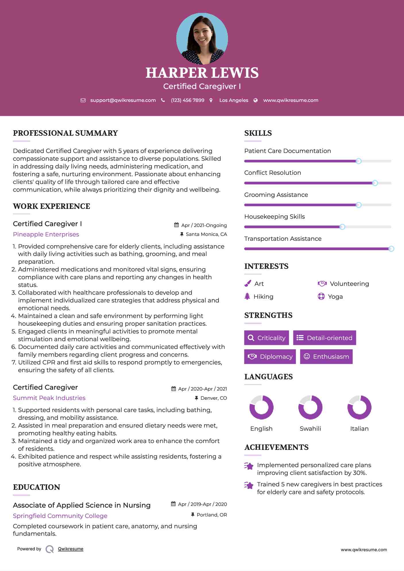 Certified Caregiver I Resume Example